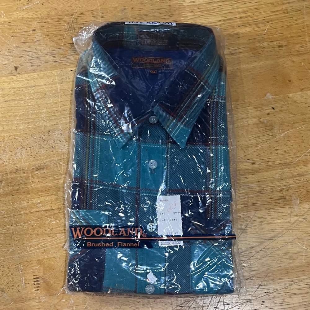 Vtg Woodland Brushed Flannel Shirt Plaid Teal Navy XXLT New in Package 90s Work